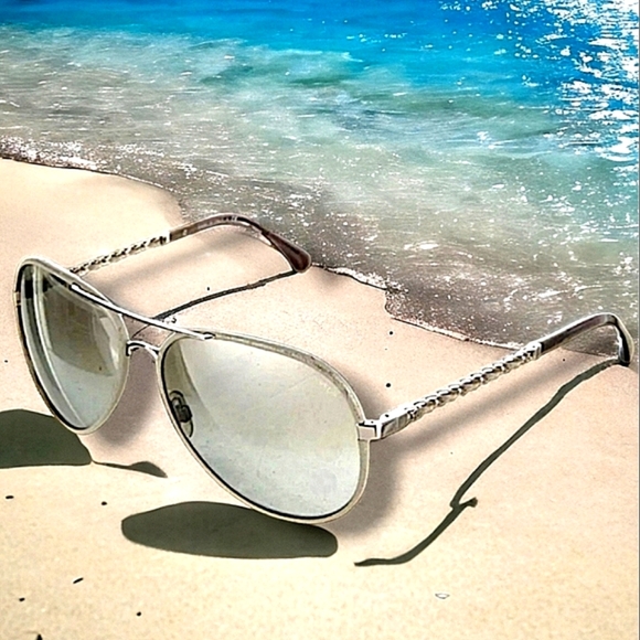CHANEL 18K WG Silver Metal Frame Leather Braided Trim Aviator Sunglasses & Case - Picture 1 of 8